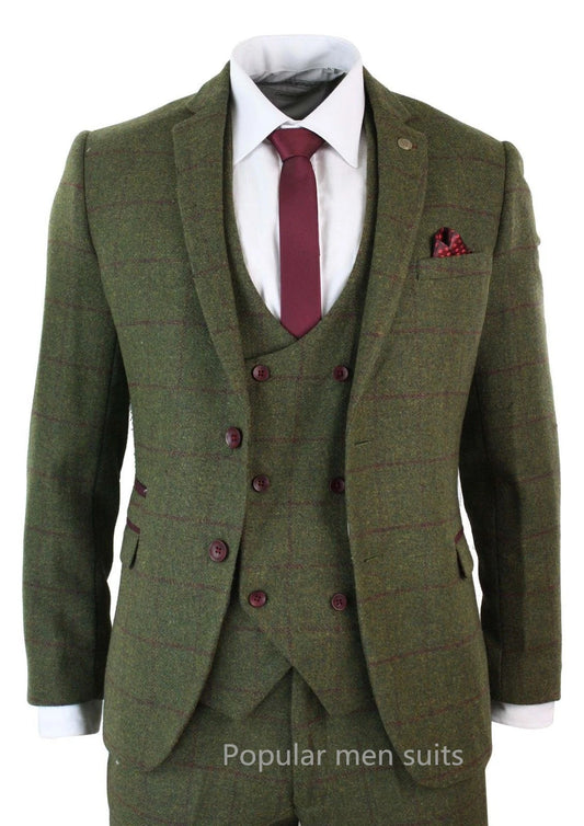 Green Woolen Plaid Men Suits Slim Fit Wedding Groom Tuxedos Notch Lapel Two Buttons Set Costume Homme 3 Piece(Jacket+Vest+Pant)