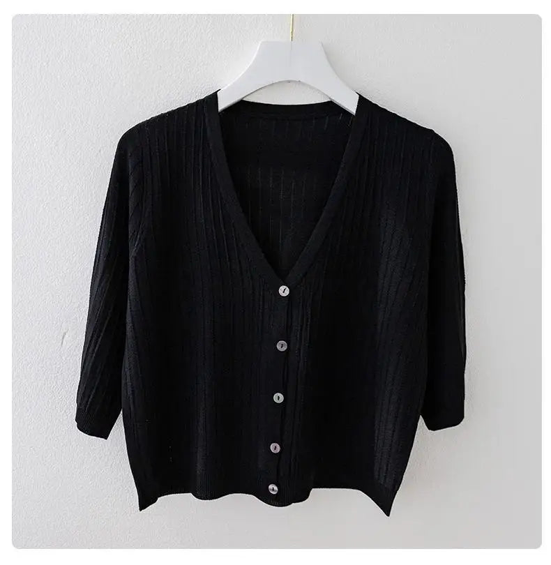 Fashion Women Solid Knitted Sweaters Coats Spring Summer Half Sleeve V-neck