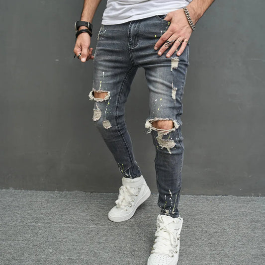Men Stylish Ripped Skinny Pencil Jeans Pants Streetwear Male Hip Hop Holes