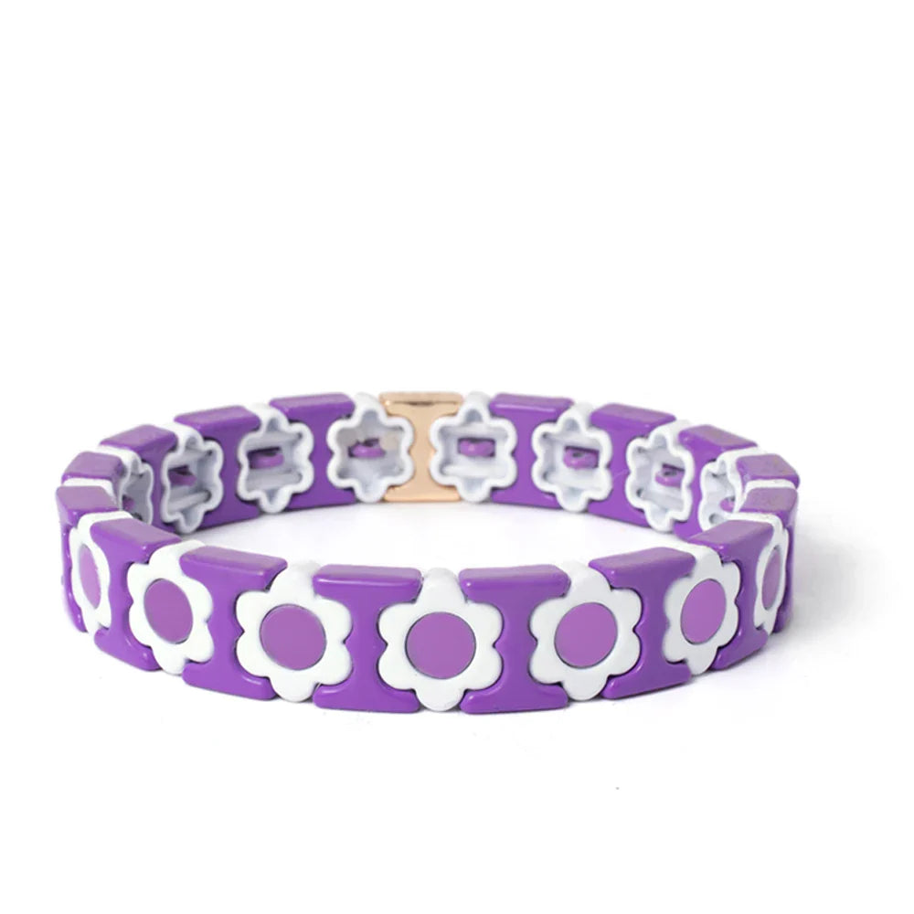 New Design Colorful Flower Charms Bangle For Women Handmade Bohemian Elastic Flower Bracelets Metal Beads Jewelry