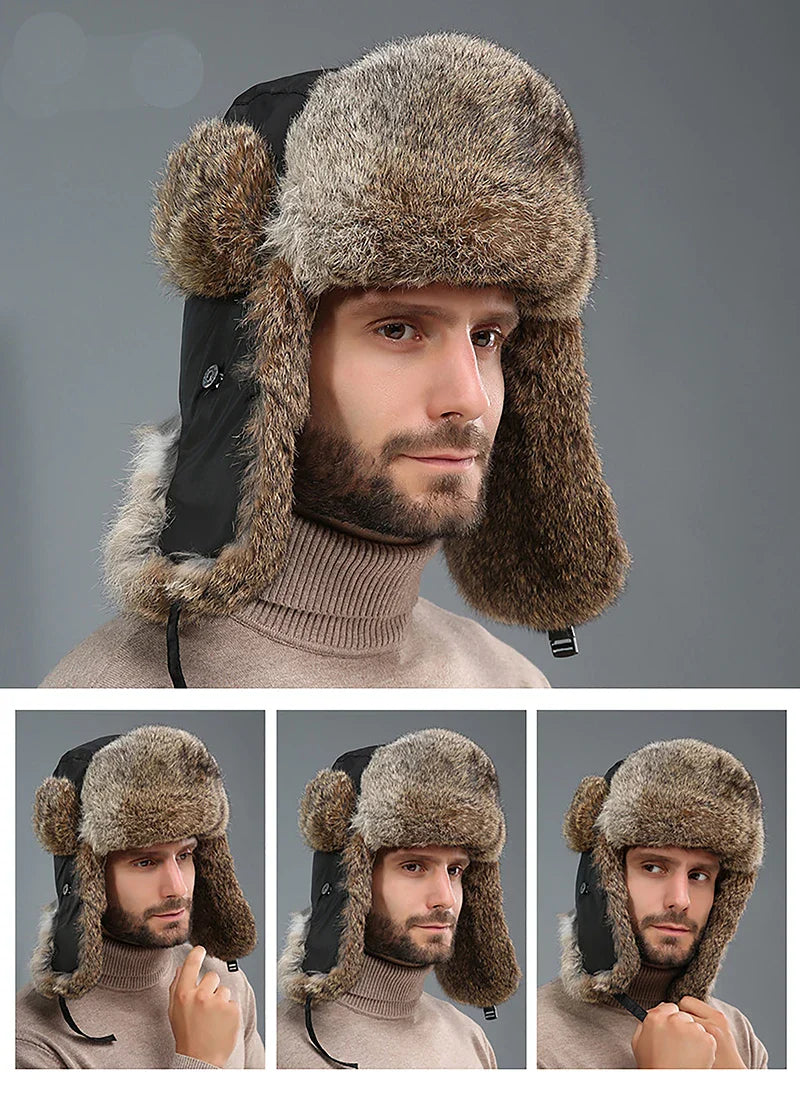 Russia Winter Real fur Hat Unisex Outdoor Windproof Super Warm Real Rabbit Fur Bomber Hats Natural Soft Natural Rabbit Fur Caps