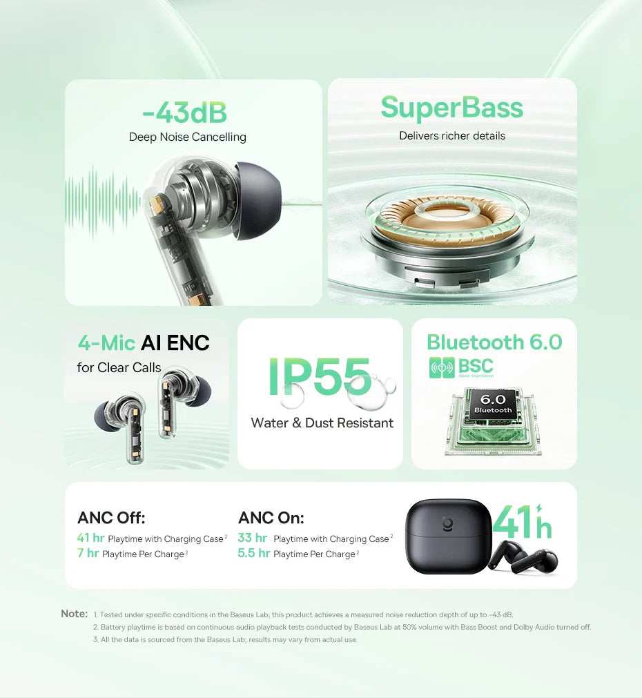 Baseus Bass EP10/BP1 NC -43dB Noise Cancelling ANC True Wireless Earbuds Bluetooth 6.0 In-Ear Wireless Earphones 4-Mics Ear buds
