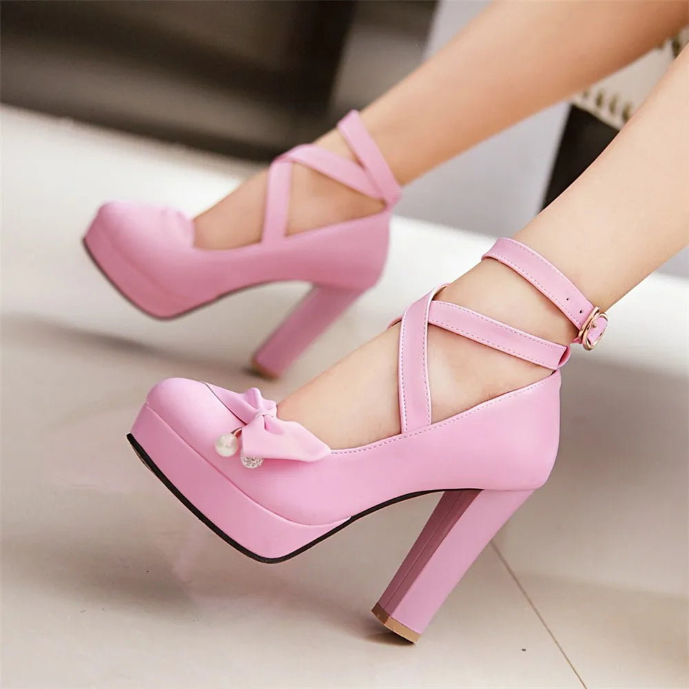 Shoes Woman Pumps Cross-tied Ankle Strap White Pink Wedding Party Shoes Platform Dress Women Shoes High Heels Bow Ladies shoes