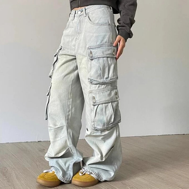 Ladies Cargo Jeans American Street Style Baggy Cargo Pants Women Blue