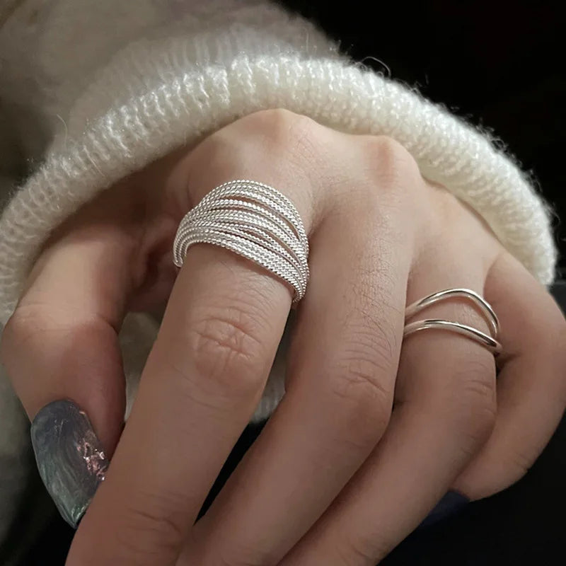 925 Sterling Silver Unique Lines Ring For Women Jewelry Finger Adjustable Open
