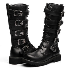 Men Leather Motorcycle Boots Fashion Mid-Calf Punk Rock High Top Casual Boots