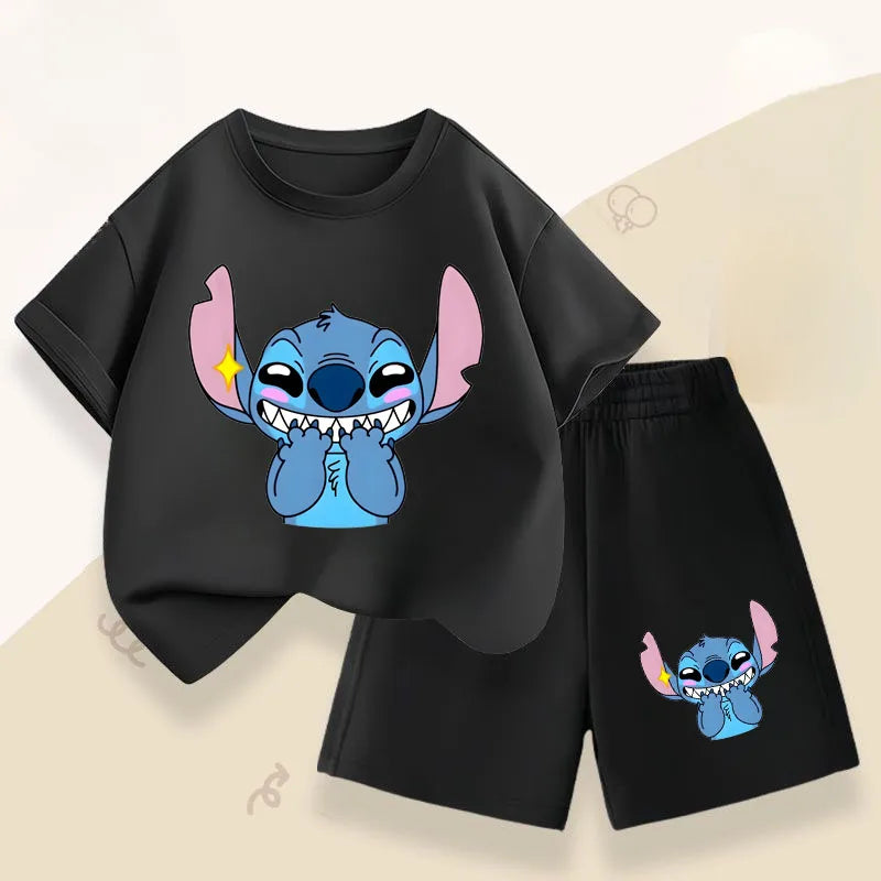 Summer Children's Casual Outfits Stitch Printed Boys Short Sleeved Top Sets Kids T Shirt Shorts Two Piece Suit Disney 2025