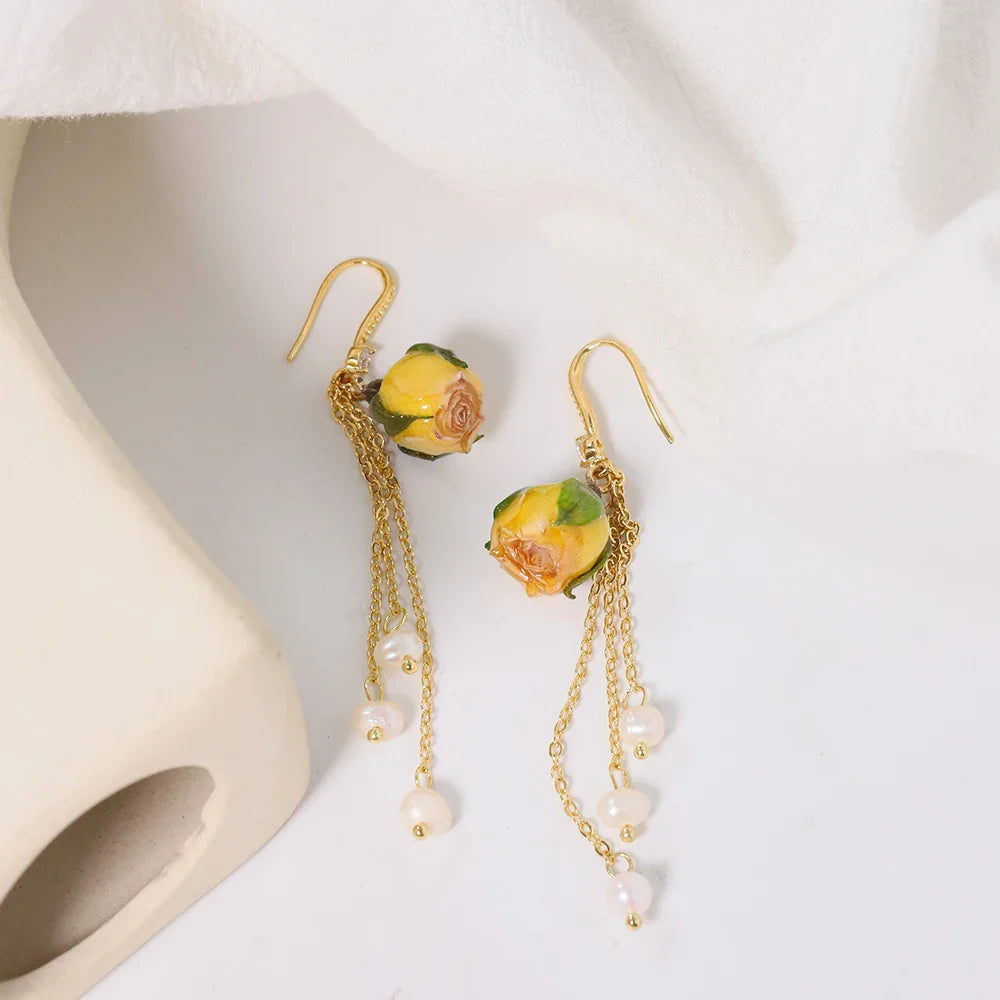 Natural Freshwater Pearl Enamel Resin Flower Earrings Korean Style Women's Luxury Vintage Jewelry Fashion Ladies and Girls Gift