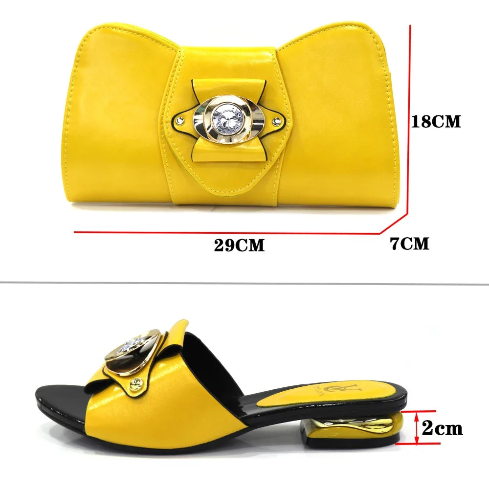 2022 Latest Italian Design Fashion African Women's Low Heel Comfortable Shoes and Bags Set Leather Casual Ladies Slippers
