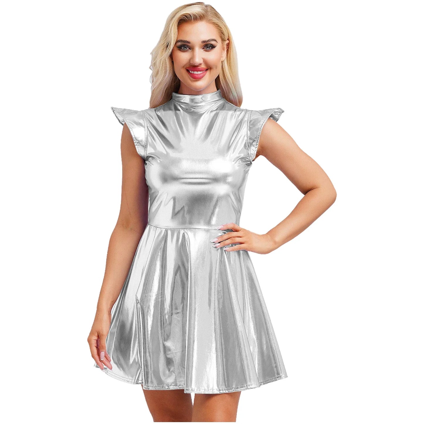 Womens Cocktail Dress Shiny Metallic Dress Alien Space Cap Sleeve High Waist A-line Dress for Halloween Party High Street Dress