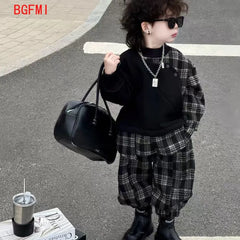 Baby Boys Children Clothes Spring Autumn Kid Fashion Splicing Plaid Coat + Plaid Pants 2Pcs Set Streetwear Handsome Sportswear