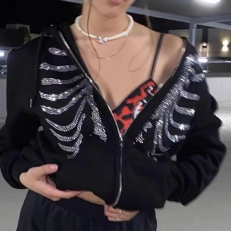 Y2k Gothic Spider Web Diamond Zipper Hoodie Female Autumn Winter Oversize Fashion