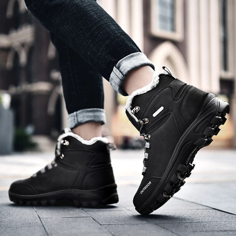 STRONGSHEN Men Snow Boots Waterproof Leather Sneakers Cotton Warm Military Boots