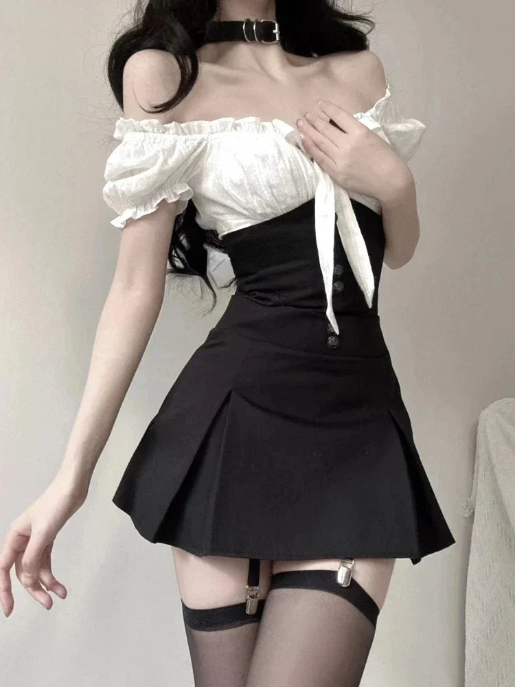 Jielur Chic Y2k Two Piece Dress Sets Female Summer Black Bodycon Dress Crop Top Women Party Korean Fashion Even Mini Dress Suits