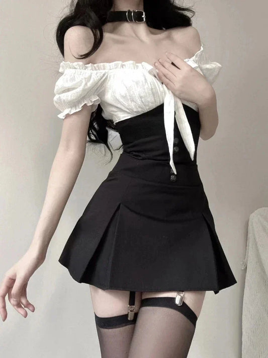 Jielur Chic Y2k Two Piece Dress Sets Female Summer Black Bodycon Dress Crop Top Women Party Korean Fashion Even Mini Dress Suits