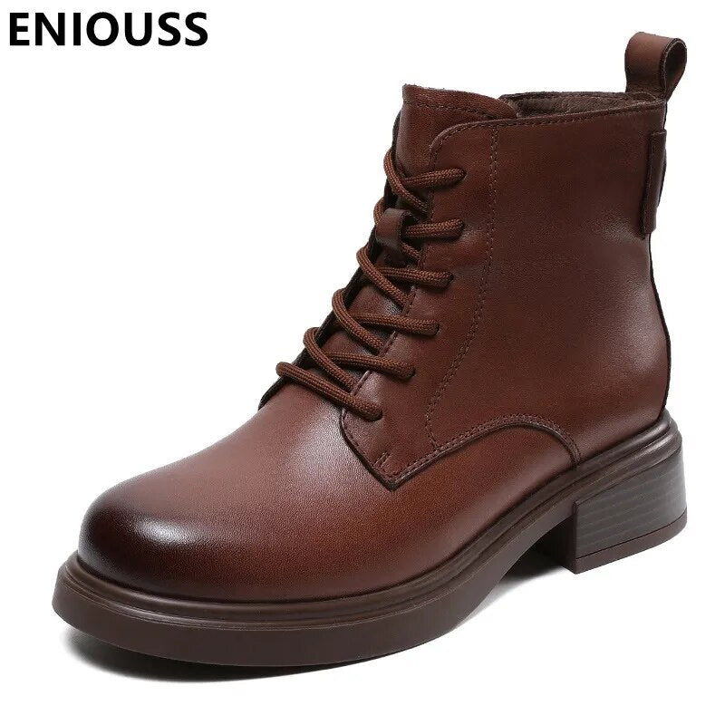 Autumn Winter Women Genuine Leather Boots Plus Velvets
