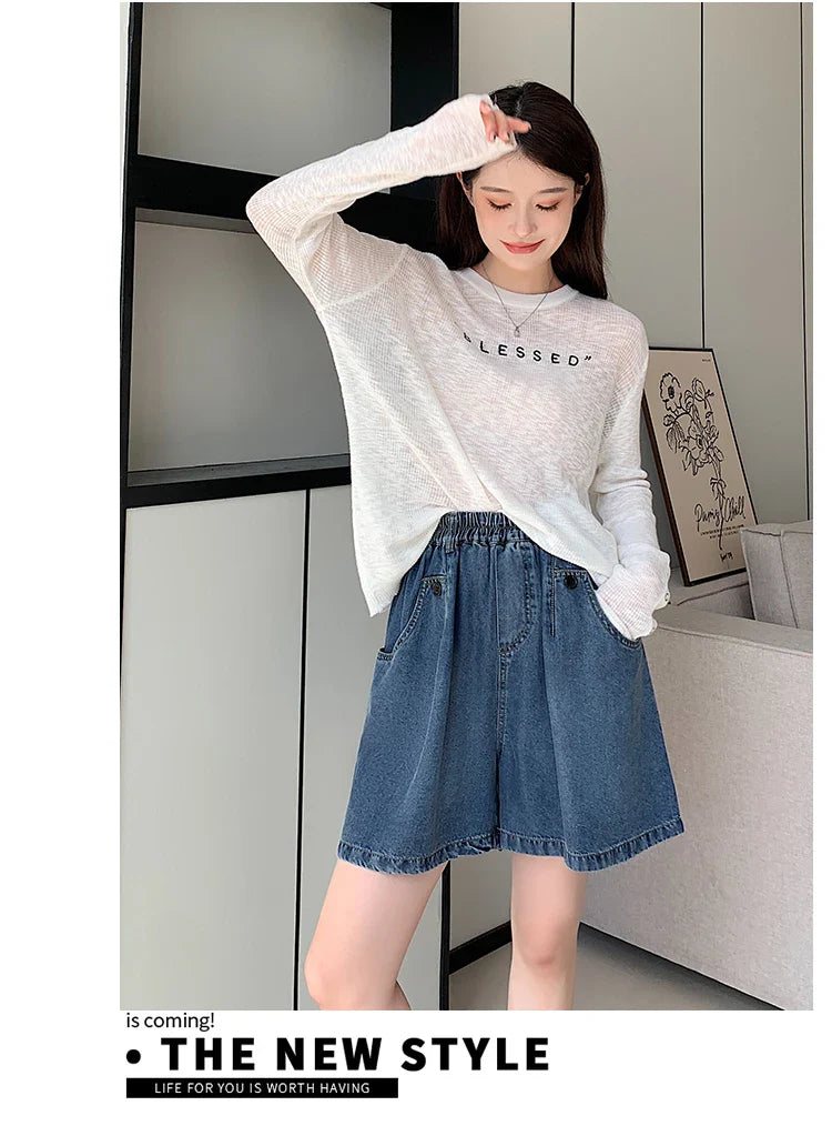 New 2024 Summer Plus Size Denim Shorts For Women High Elastic Wasit Wide Leg Loose Blue Jean Short Women Streetwear Half Jeans
