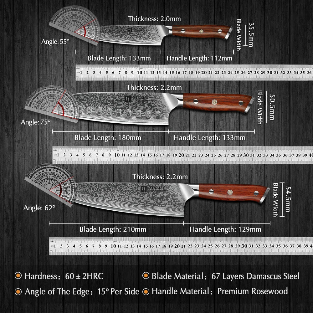 1PCS or 3PCS Kitchen Knife Sets Japanese Forged Damascus Steel Chef