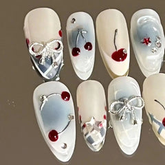 10Pcs Handmade Press on Nails French Almond Full Cover Cherries and Bow Design Fake Nails Sweet Cute Manicure Nail For Women