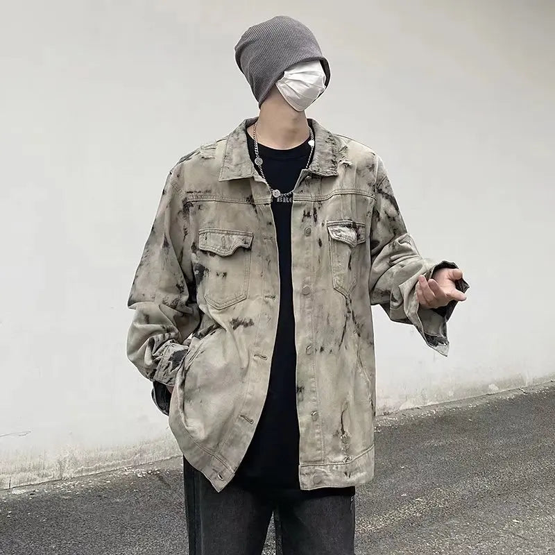 Men Gray Tie-dye Denim Jackets Coats Loose Vintage Jeans Jackets