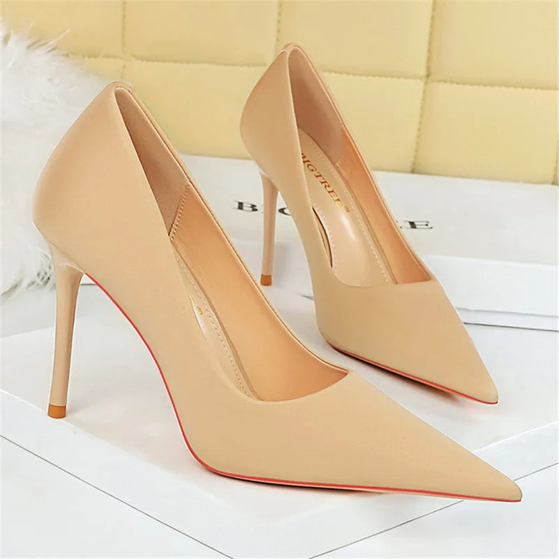 Women 10cm High Heels Satin Silk Dress Stiletto Fashion Pumps Lady Wedding Bridal Escarpin Catwalk Green Purple Peach Prom Shoes