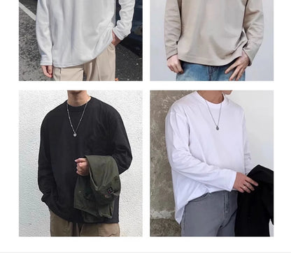 DUKEEN Men's 260G Long Sleeve T Shirts 2025 Spring Pure Cotton Solid Color Basic Crew-Neck Undershirt Men's Loose Tops 11 Color