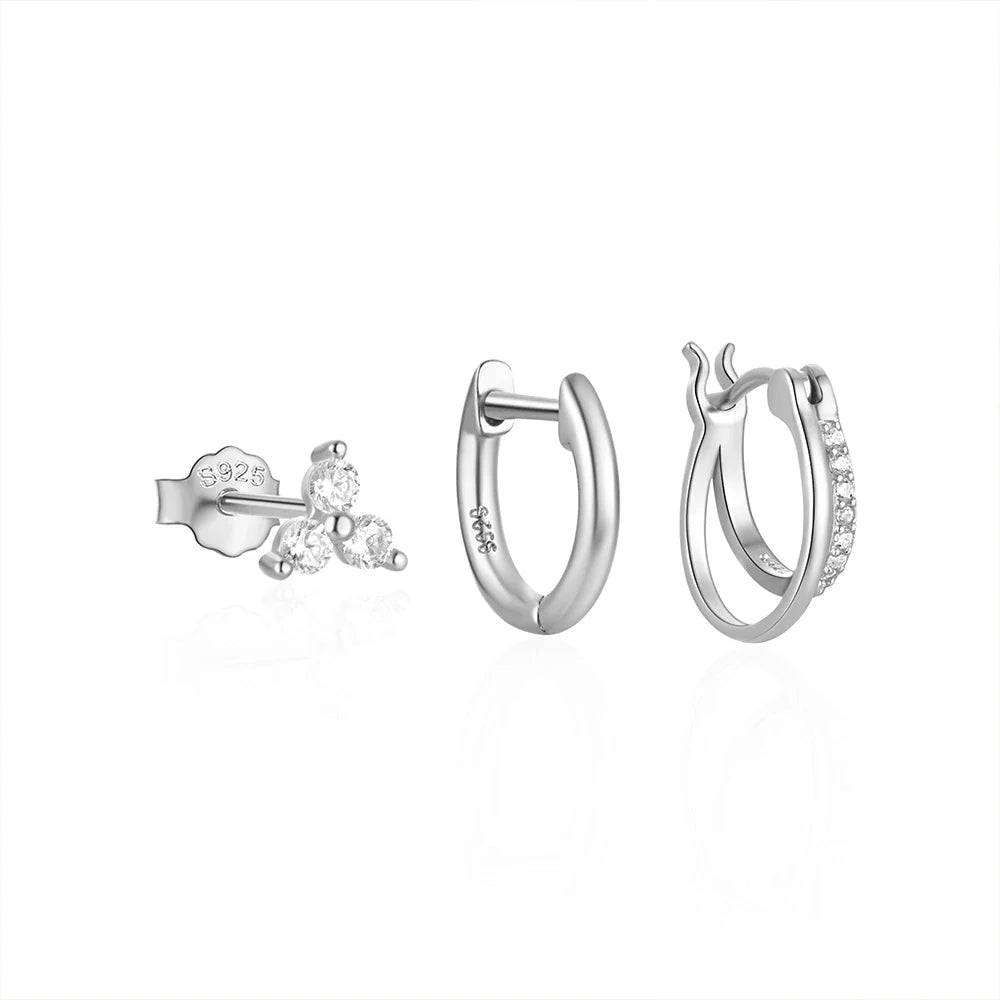 CANNER 925 Sterling Silver 3PCS Zircon Double Layer Hoop Earrings For Women Minimalism Ins Earrings Fine Jewelry Party Gift