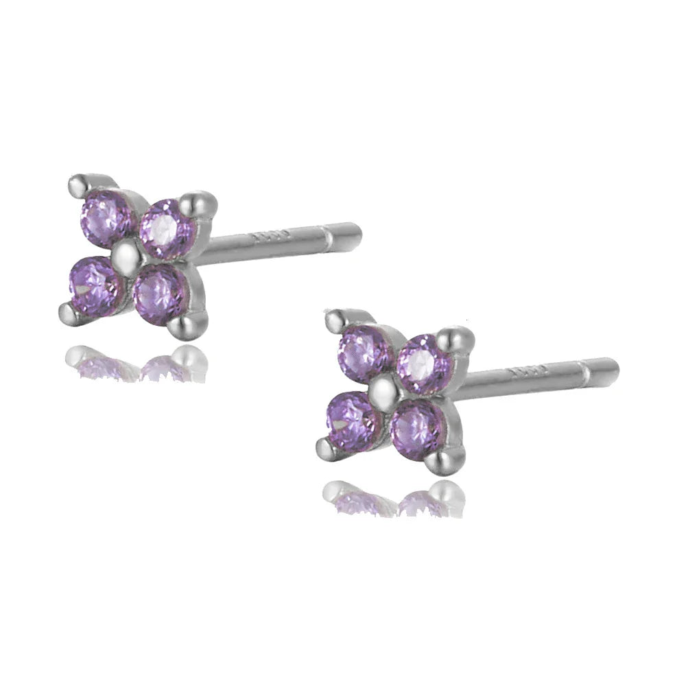 WANTME 925 Sterling Silver Romantic Color Zircon Three-petal Flower Stud Earrings for Women Fashion Huggies Piercing Jewelry