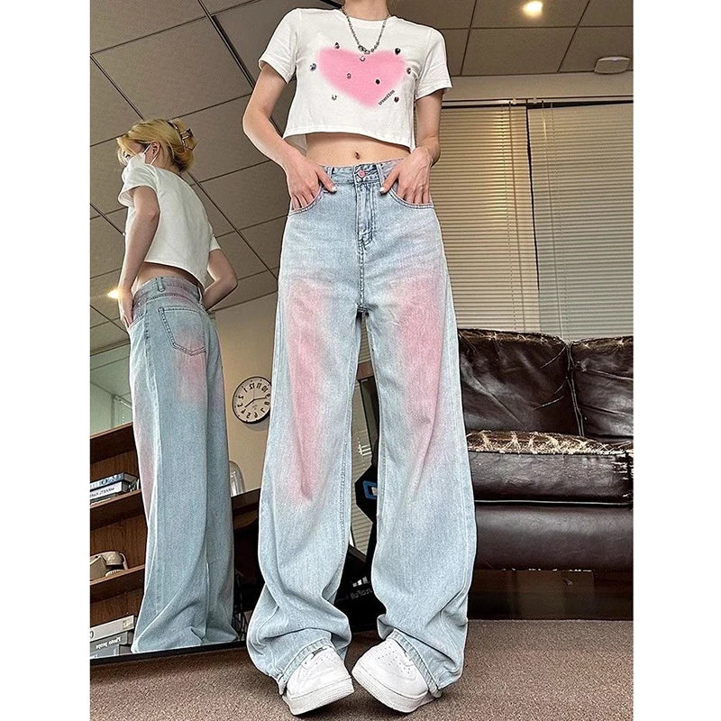 Y2k  Baggy Jeans Blue For Women's Summer High Waisted Graffiti Purple Straight Pants