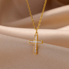 Cross Pendant Necklace for Women Gold Color Stainless Steel Collar Necklaces