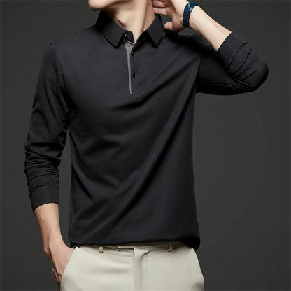 New Men's Business Casual  Long Sleeve Solid Color Polo Shirt Fashionable Warm Comfortable Four Seasons Versatile Top