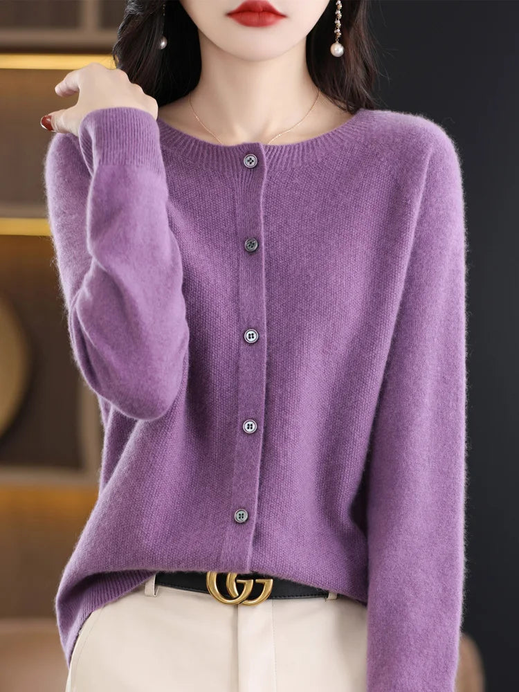 Long Sleeve 100% Merino Wool Sweaters Cashmere Cardigan Spring Autumn Women