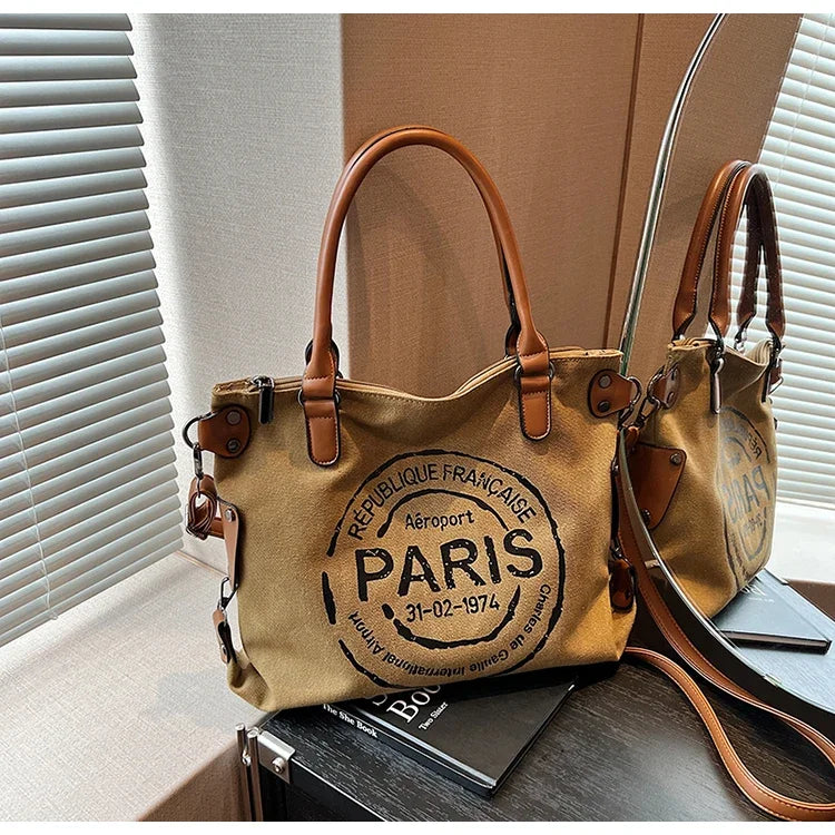 Large Retro Canvas Tote Bag Adjustable Shoulder Strap Vintage Paris Stamp Print