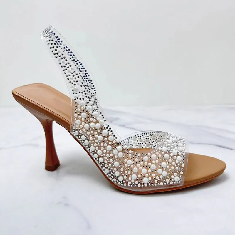 TRAF 2024 Summer Rhinestone Slingback Pumps Women High Heeled Sandals Lady Elegant Pointed Toe Female Sexy High Heels Woman Shoe