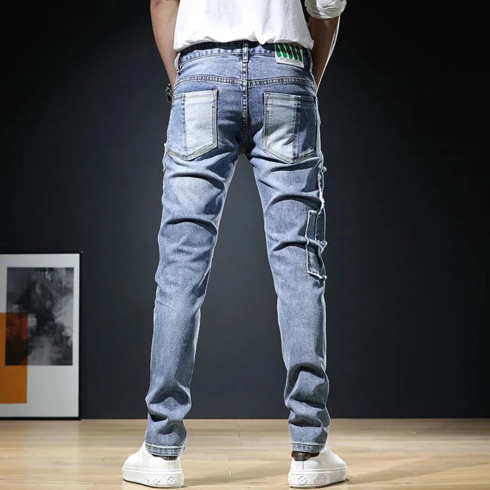 Ripped Jeans Pants Slim Straight Frayed Denim Clothes Men Fashion Skinny Trousers