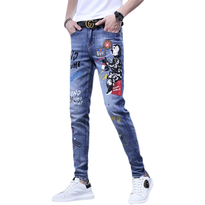 Fashion Printed Jeans Men's Korean Brand Embroidery Badge Pattern Youth Ripped