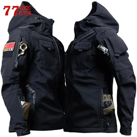 Mens Shark Skin Tactical Hooded Jackets Waterproof Fleece Soft Shell Multi-pockets Coats