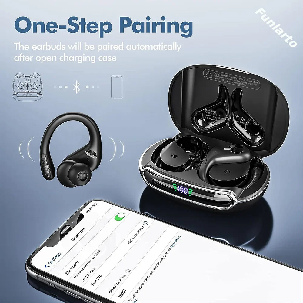Sports Bluetooth Earphones IPX7 Waterproof Wireless Headphones 60hrs Music with Mic LED Power Display Soft Earhook TWS Earbuds