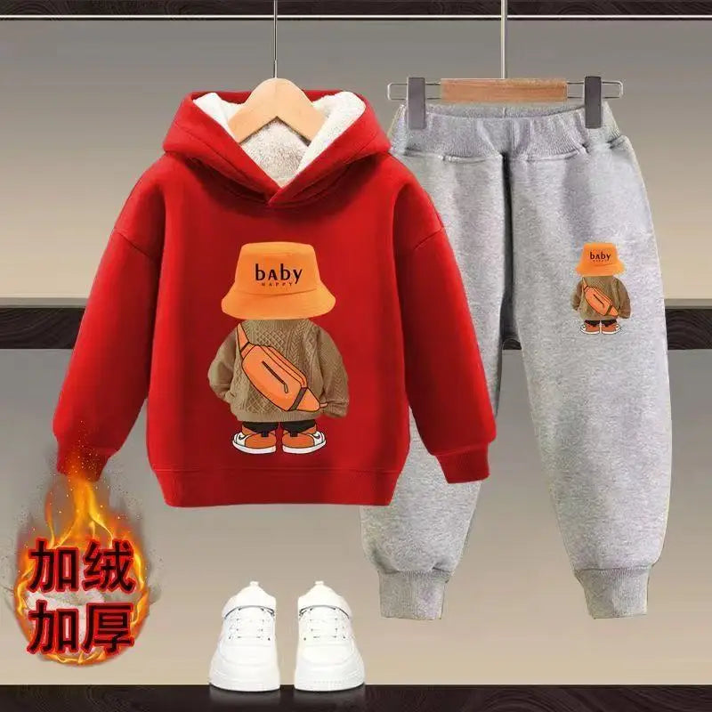 Winter Spring Kid Girls Hoodies Plush Warm Clothes Set Children Boy Cartoon Bear Printed Hooded Pullover Top And Pants 2PC Suit