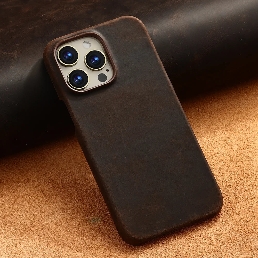 Magsafe Case for iPhone 17 Air 16 15 Pro Max Retro Luxury Full Grain Cowhide Genuine Oiled PULL-UP Leather Magnetic Cover