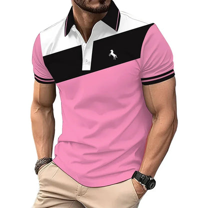 Men Clothes Summer Casual Short Sleeve Spell Color Button Polo Shirt Men Business Polo Shirt 3D Digital Print Polo Shirt Tops