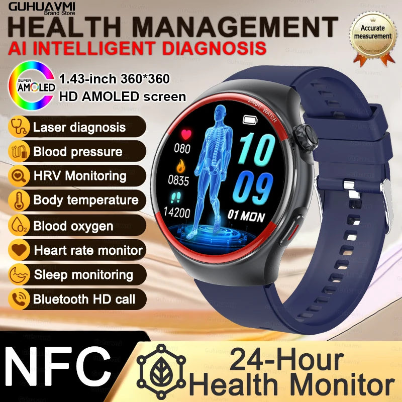 Sapphire Glass Laser Detection Health Smartwatch Men Precise Heart Rate Blood Pressure 150+Sports Bluetooth Call NFC Smart Watch