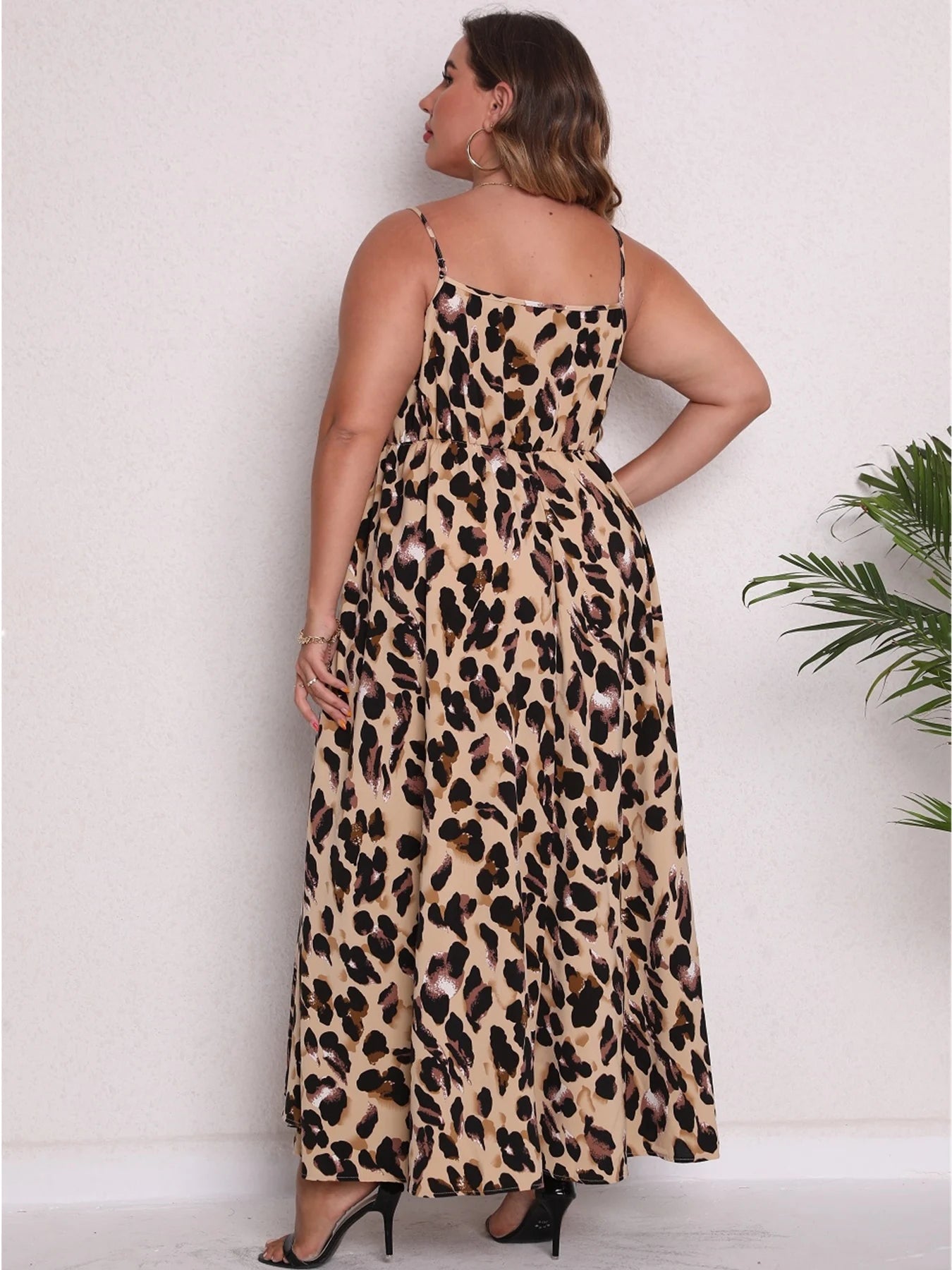 Plus Size Sexy Spaghetti Strap Leopard Print Irregular Hem Cami Maxi Dresses For Women