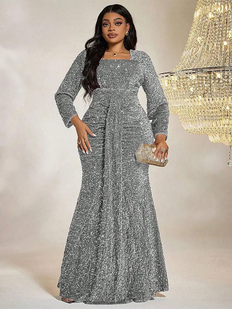 TOLEEN Women Plus Size Maxi Dresses Luxury Heavy Sequined Evening Gown Elegant Tight Fishtail Dress Banquet Bridesmaid Dress