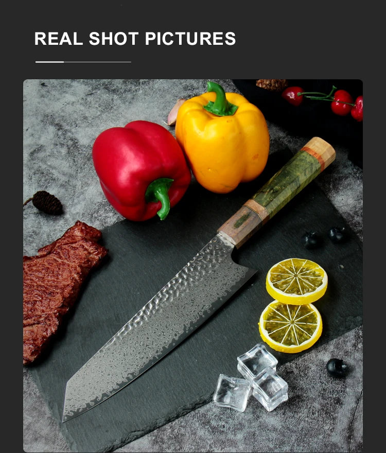 Damascus Chef Knife 8 Inch  Vg10 Japanese Knife Stabilized Colored Wood Handle