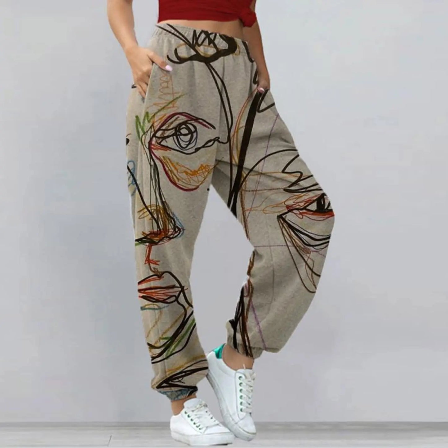 Harem Pants Casual High Waist Elastic Long Length Pants With Pockets Women
