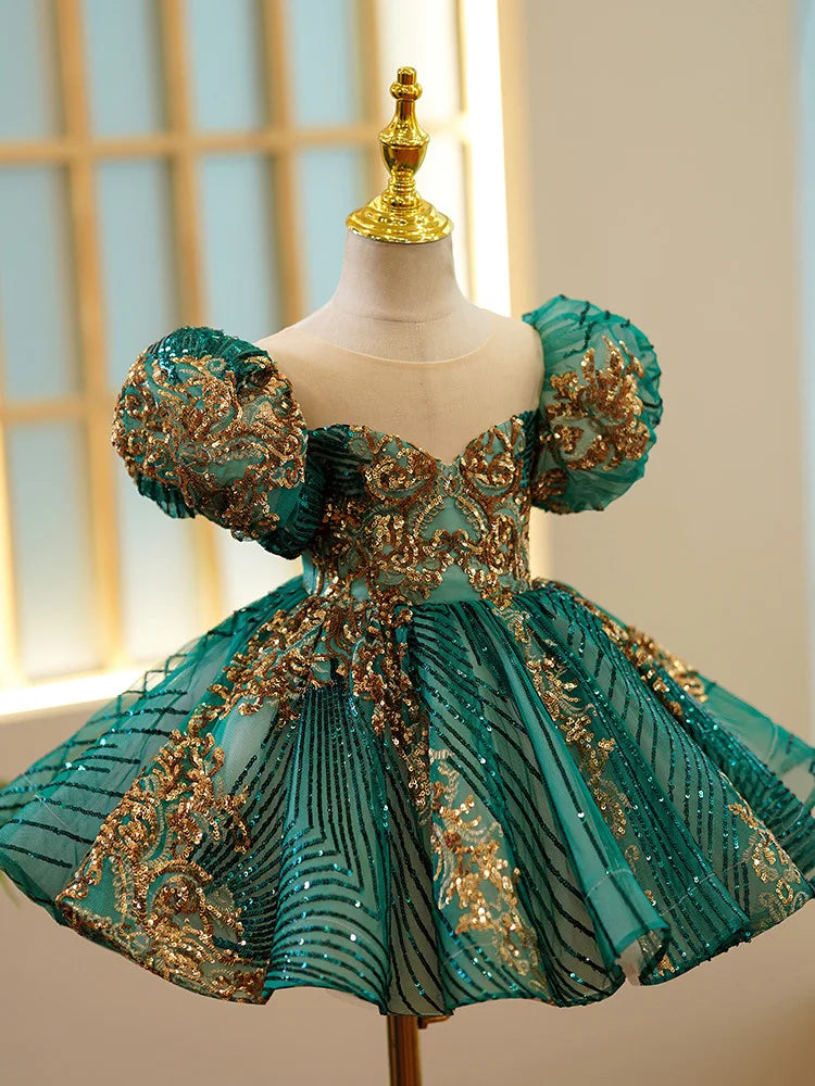 Kids Luxury Party Green Gold Dresses for Girls Size 3 To 14 Years Birthday Photo Shoot Gown Evening Formal Lace Dress Prom Frock