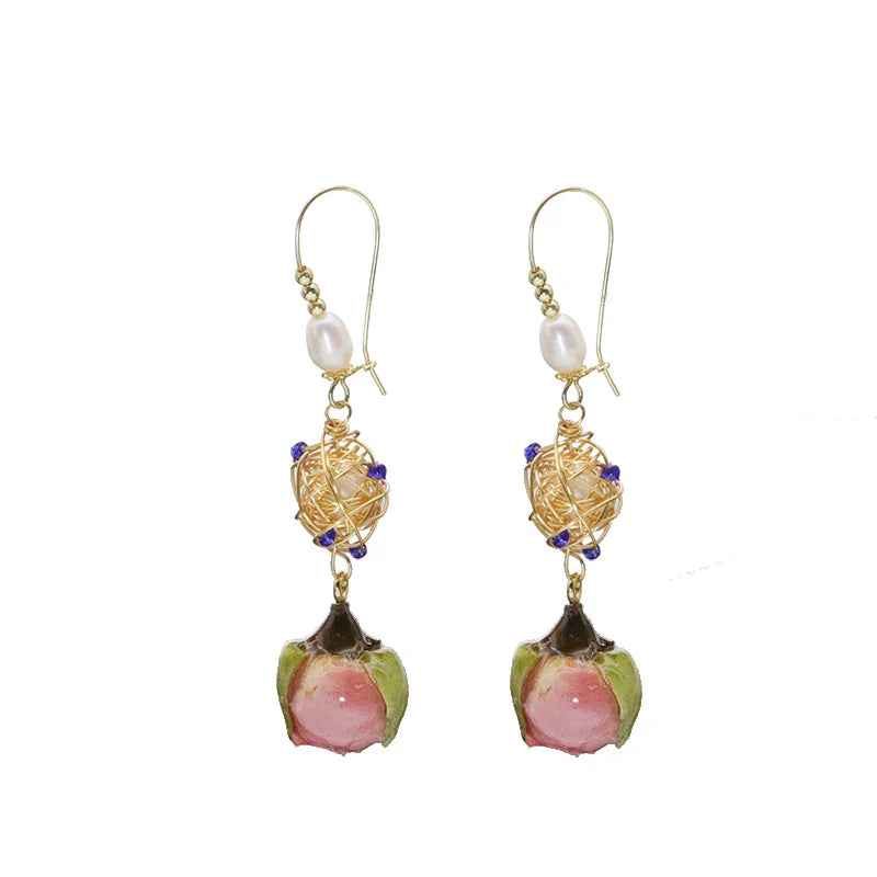 Natural Freshwater Pearl Enamel Resin Flower Earrings Korean Style Women's Luxury Vintage Jewelry Fashion Ladies and Girls Gift
