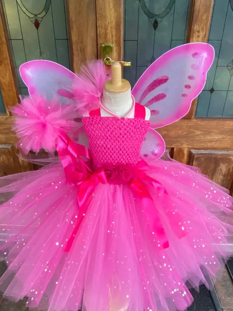 Girls Pink Glitter Tulle Dress Kids Butterfly Fairy Tutu Dresses with Wing