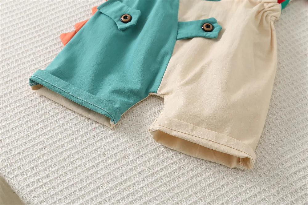Summer New 2025 Fashionable Children's Boys' Colorful Striped Cotton Short Sleeved/cartoon Dinosaur Overalls Two-piece Set 1